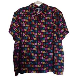 KARL LAGERFELD PARIS Button Up‎ Shirt Women 1X Multi Monogram Short Sleeves